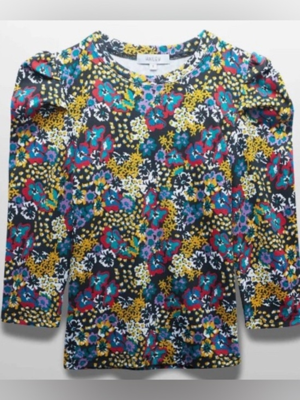 Vibrant Multi Floral Puff Long Sleeve Ribbed Tee/Fitted (by Hailey): Size Medium